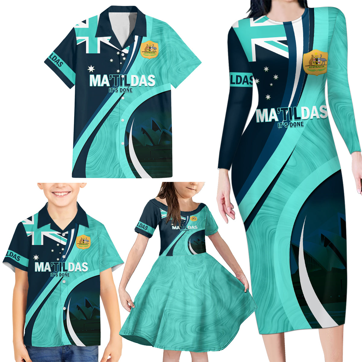 Matildas Soccer Family Matching Long Sleeve Bodycon Dress and Hawaiian Shirt 2024 Happy Australia Day Kangaroo Aussie Proud - Turquoise