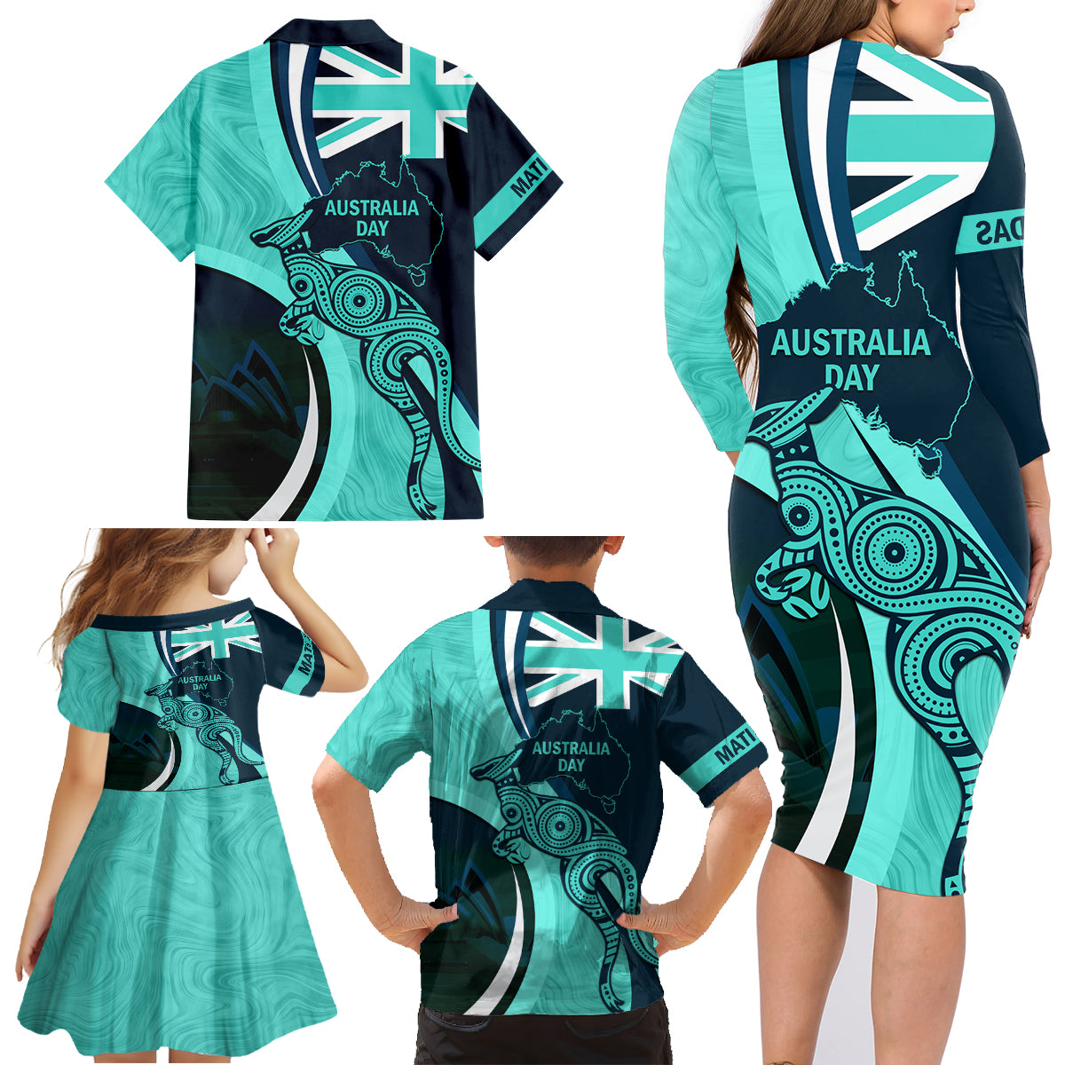 Matildas Soccer Family Matching Long Sleeve Bodycon Dress and Hawaiian Shirt 2024 Happy Australia Day Kangaroo Aussie Proud - Turquoise