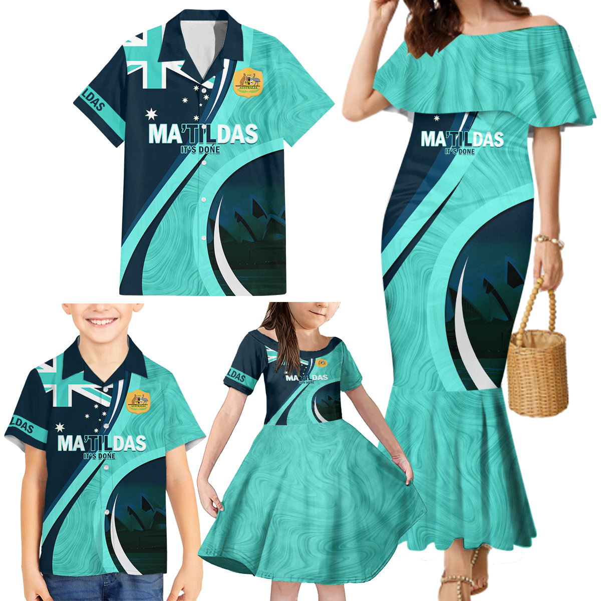 Matildas Soccer Family Matching Mermaid Dress and Hawaiian Shirt 2024 Happy Australia Day Kangaroo Aussie Proud - Turquoise