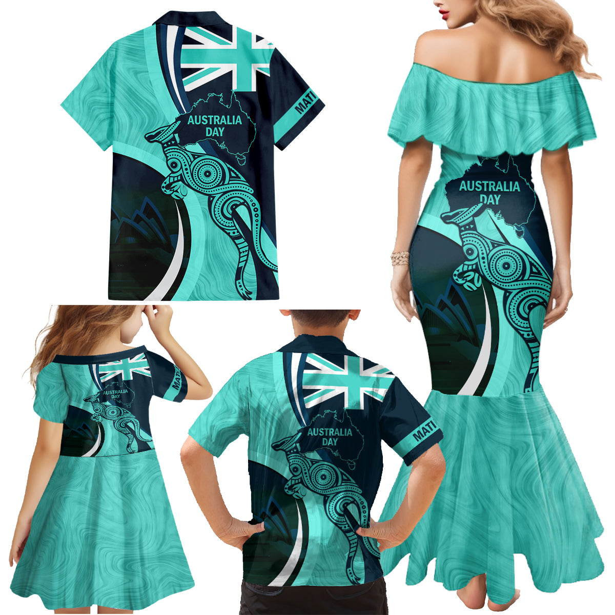 Matildas Soccer Family Matching Mermaid Dress and Hawaiian Shirt 2024 Happy Australia Day Kangaroo Aussie Proud - Turquoise