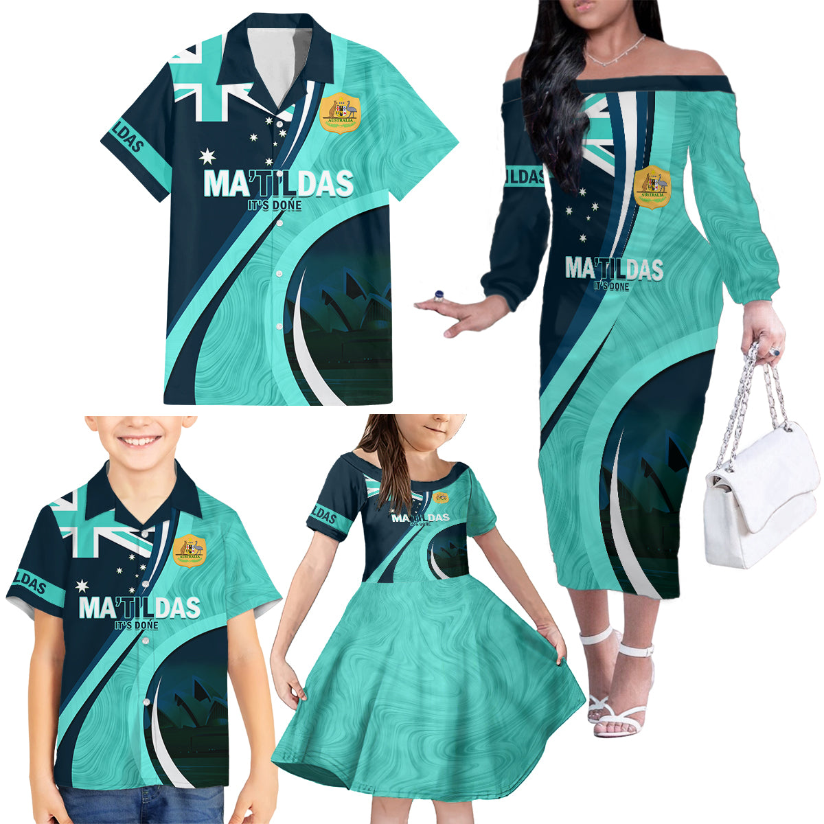 Matildas Soccer Family Matching Off Shoulder Long Sleeve Dress and Hawaiian Shirt 2024 Happy Australia Day Kangaroo Aussie Proud - Turquoise