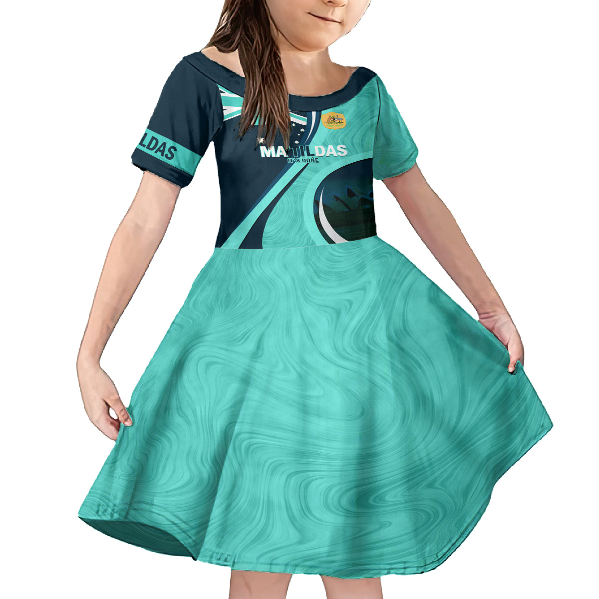 Matildas Soccer Family Matching Off Shoulder Long Sleeve Dress and Hawaiian Shirt 2024 Happy Australia Day Kangaroo Aussie Proud - Turquoise