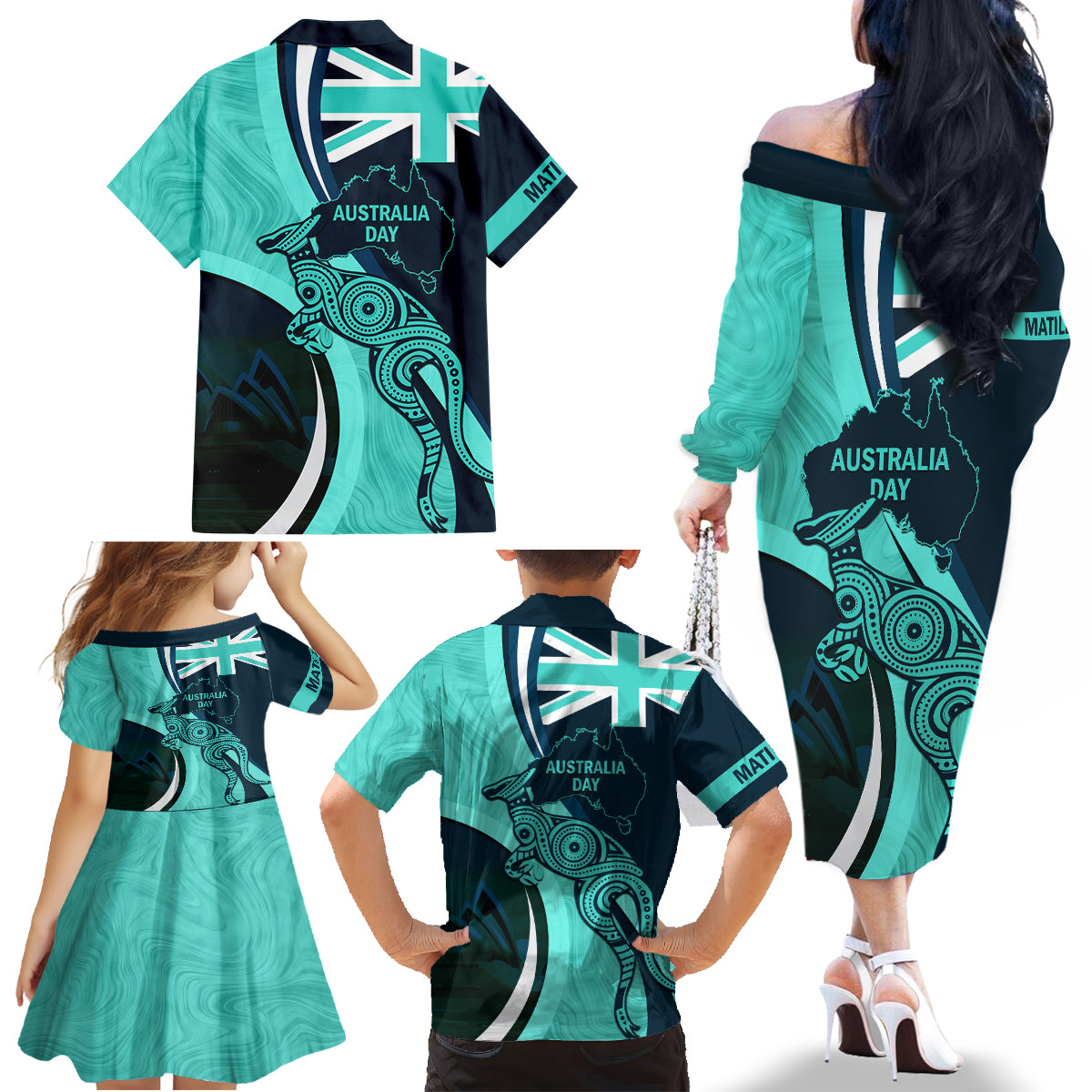 Matildas Soccer Family Matching Off Shoulder Long Sleeve Dress and Hawaiian Shirt 2024 Happy Australia Day Kangaroo Aussie Proud - Turquoise