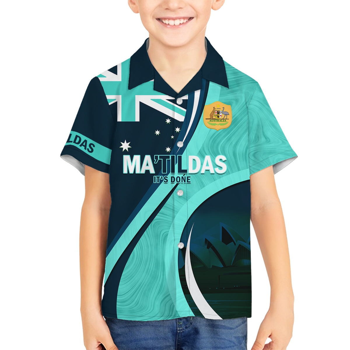 Matildas Soccer Family Matching Off Shoulder Long Sleeve Dress and Hawaiian Shirt 2024 Happy Australia Day Kangaroo Aussie Proud - Turquoise