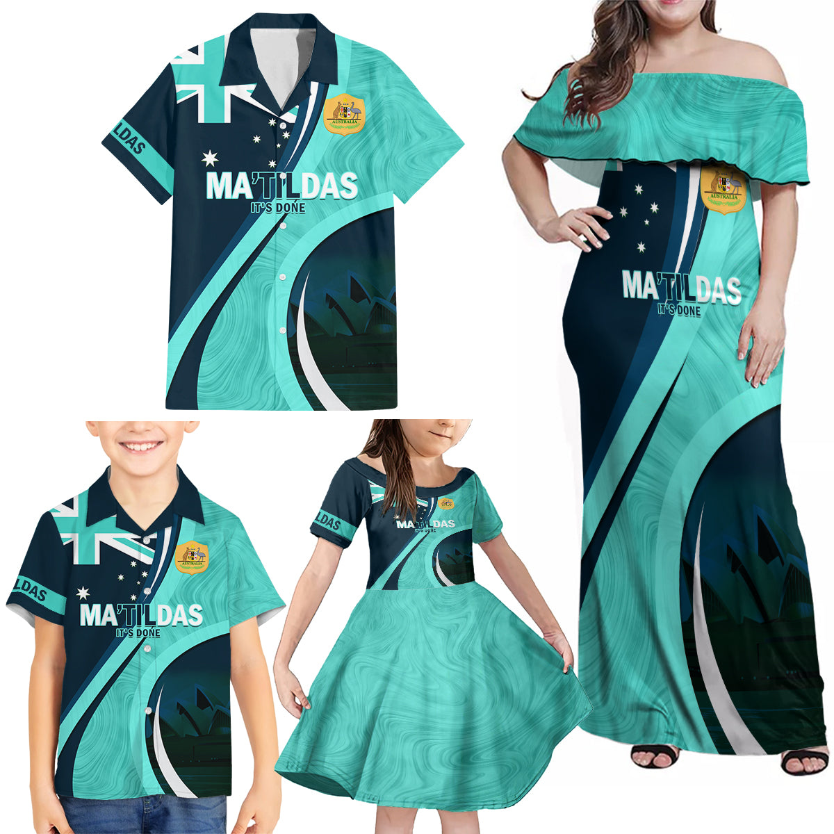 Matildas Soccer Family Matching Off Shoulder Maxi Dress and Hawaiian Shirt 2024 Happy Australia Day Kangaroo Aussie Proud - Turquoise