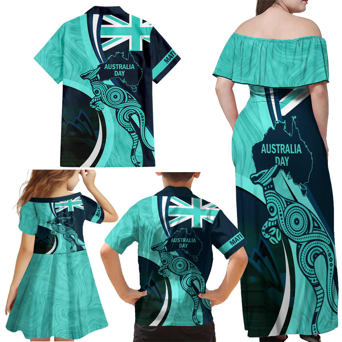 Matildas Soccer Family Matching Off Shoulder Maxi Dress and Hawaiian Shirt 2024 Happy Australia Day Kangaroo Aussie Proud - Turquoise