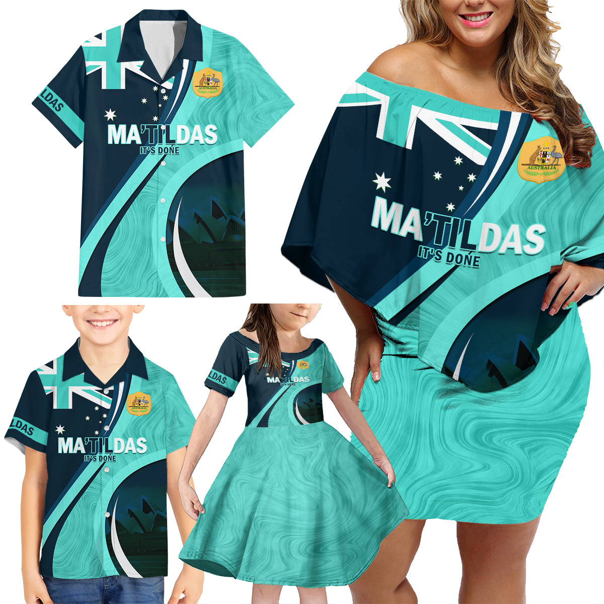 Matildas Soccer Family Matching Off Shoulder Short Dress and Hawaiian Shirt 2024 Happy Australia Day Kangaroo Aussie Proud - Turquoise