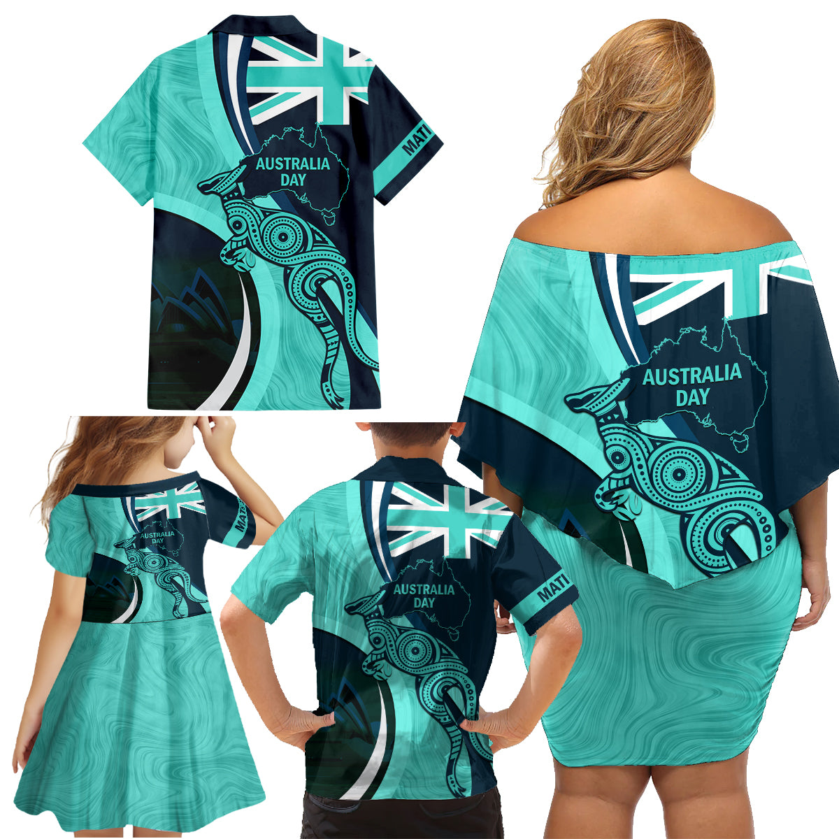 Matildas Soccer Family Matching Off Shoulder Short Dress and Hawaiian Shirt 2024 Happy Australia Day Kangaroo Aussie Proud - Turquoise