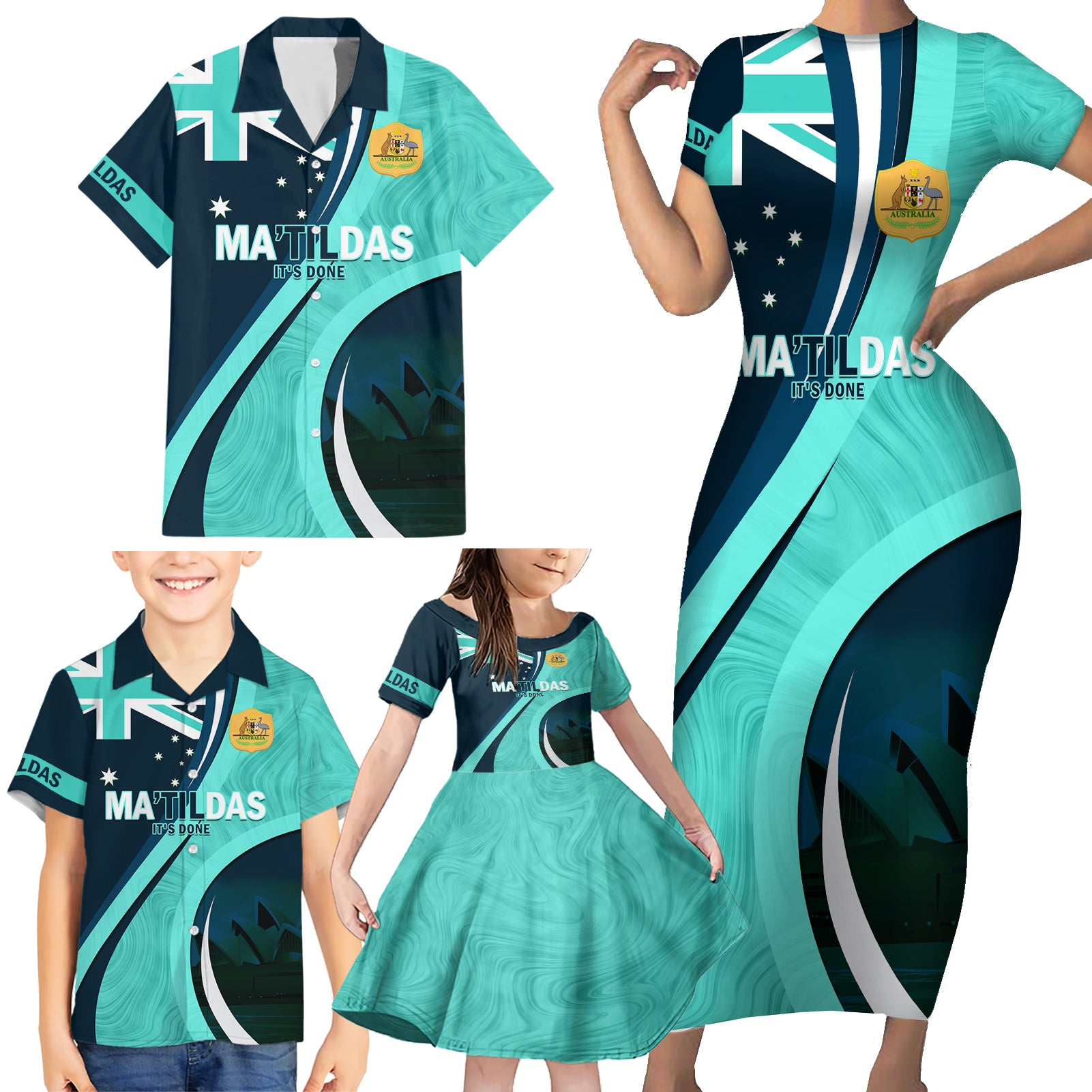 Matildas Soccer Family Matching Short Sleeve Bodycon Dress and Hawaiian Shirt 2024 Happy Australia Day Kangaroo Aussie Proud - Turquoise