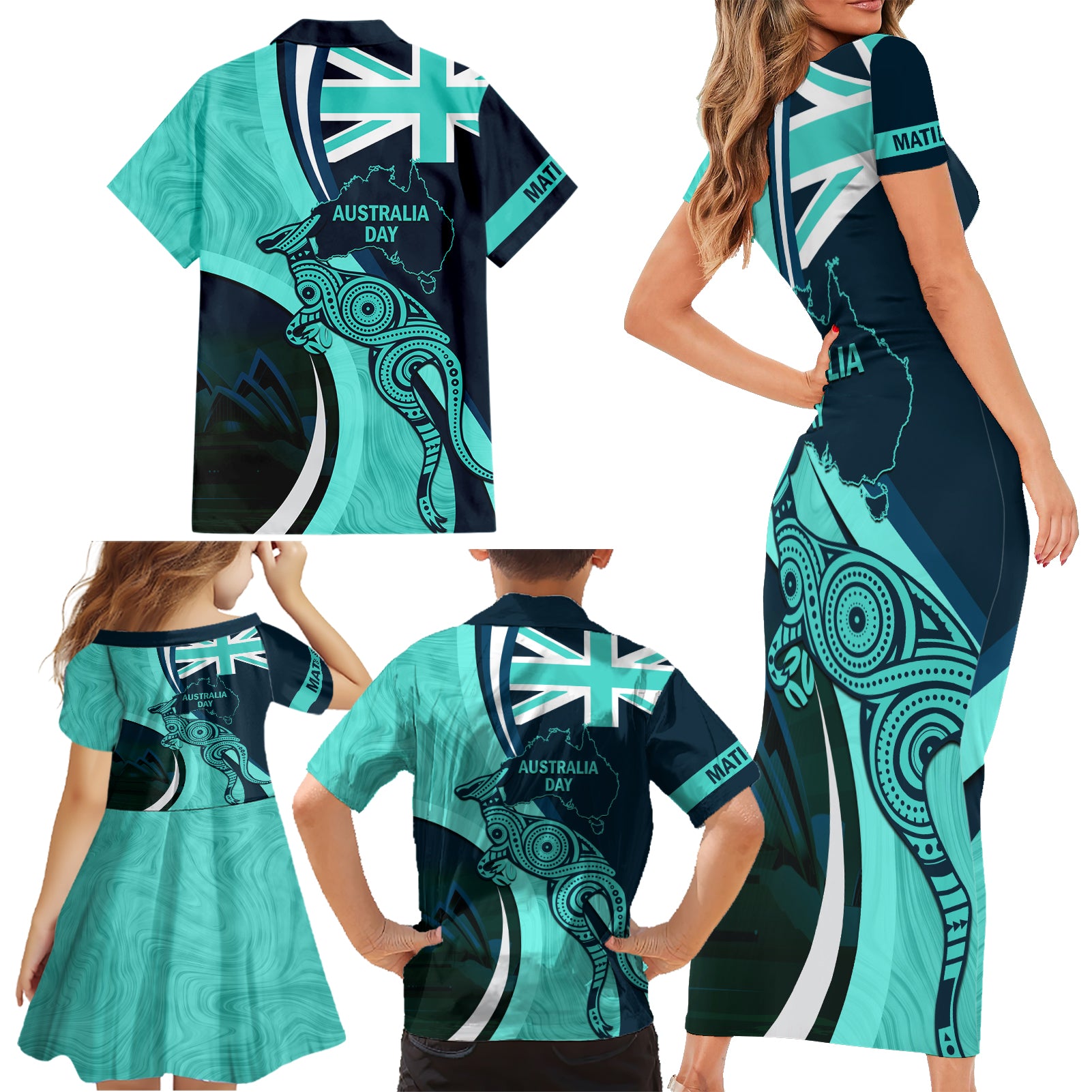 Matildas Soccer Family Matching Short Sleeve Bodycon Dress and Hawaiian Shirt 2024 Happy Australia Day Kangaroo Aussie Proud - Turquoise