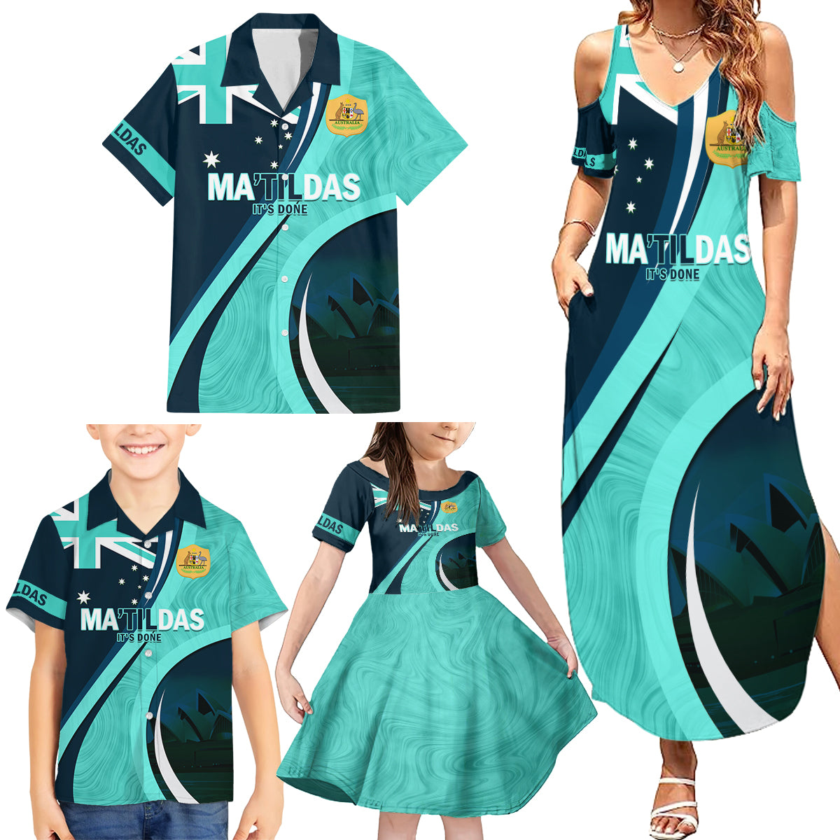 Matildas Soccer Family Matching Summer Maxi Dress and Hawaiian Shirt 2024 Happy Australia Day Kangaroo Aussie Proud - Turquoise