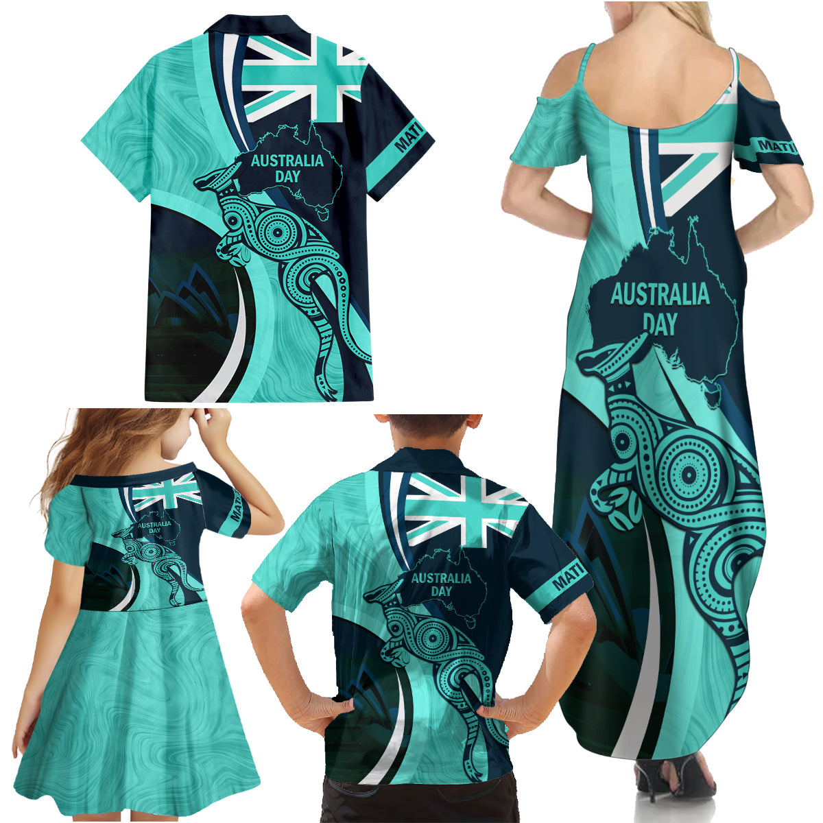 Matildas Soccer Family Matching Summer Maxi Dress and Hawaiian Shirt 2024 Happy Australia Day Kangaroo Aussie Proud - Turquoise