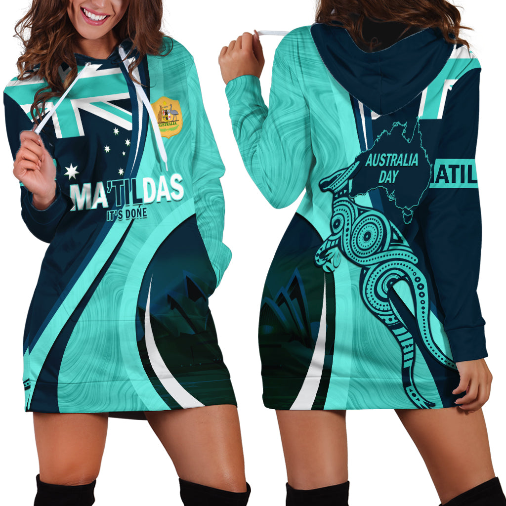 Matildas Soccer Hoodie Dress 2024 Happy Australia Day Kangaroo Aussie Proud - Turquoise - Vibe Hoodie Shop