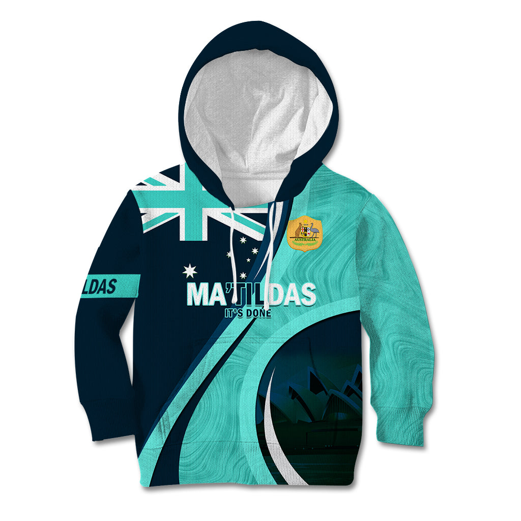 Matildas Soccer Kid Hoodie 2024 Happy Australia Day Kangaroo Aussie Proud - Turquoise - Vibe Hoodie Shop