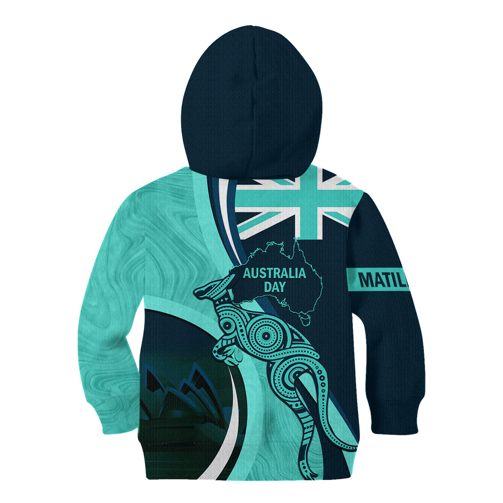 Matildas Soccer Kid Hoodie 2024 Happy Australia Day Kangaroo Aussie Proud - Turquoise - Vibe Hoodie Shop