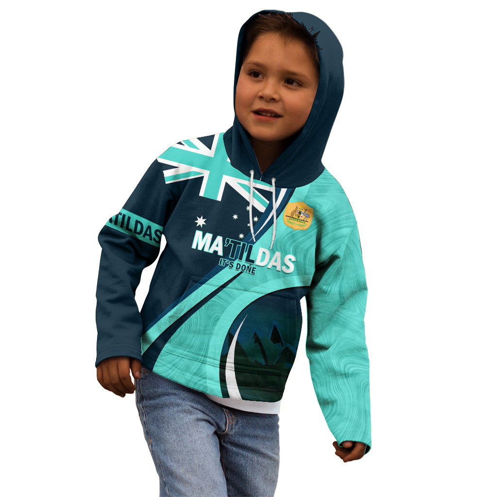 Matildas Soccer Kid Hoodie 2024 Happy Australia Day Kangaroo Aussie Proud - Turquoise - Vibe Hoodie Shop