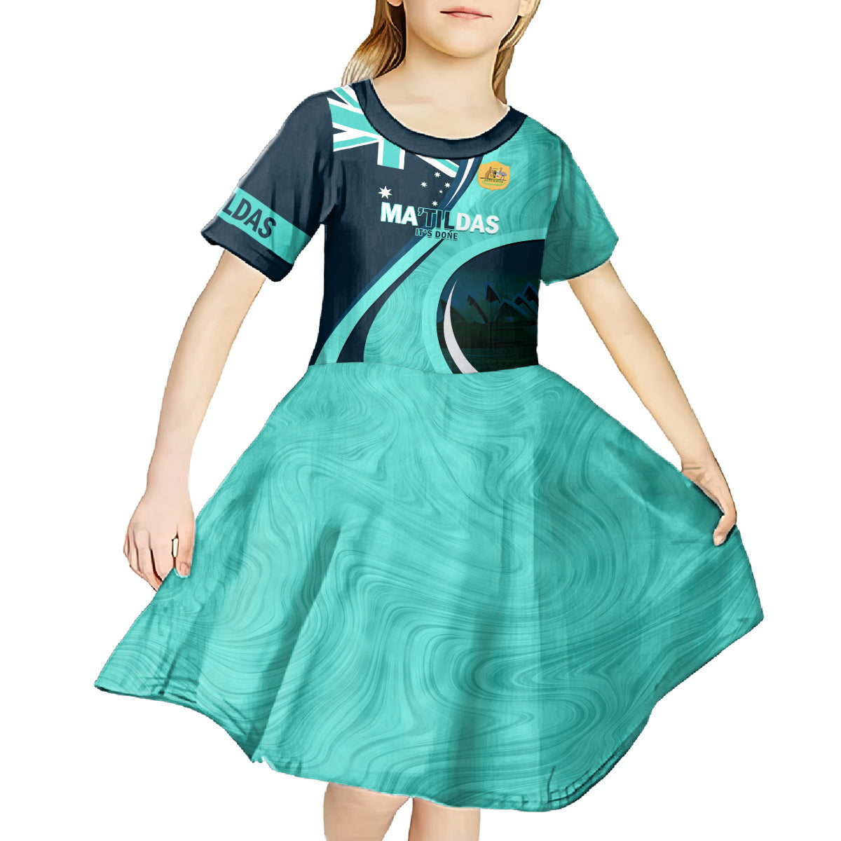 Matildas Soccer Kid Short Sleeve Dress 2024 Happy Australia Day Kangaroo Aussie Proud - Turquoise - Vibe Hoodie Shop