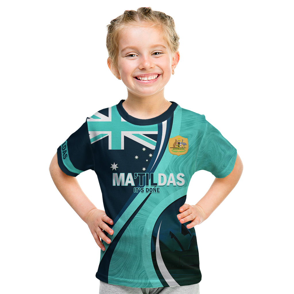 Matildas Soccer Kid T Shirt 2024 Happy Australia Day Kangaroo Aussie Proud - Turquoise - Vibe Hoodie Shop