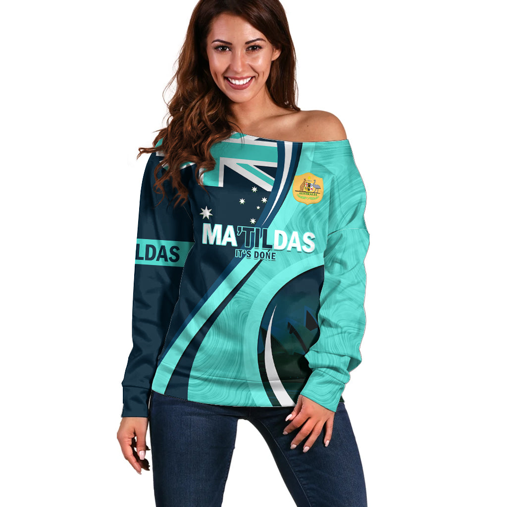 Matildas Soccer Off Shoulder Sweater 2024 Happy Australia Day Kangaroo Aussie Proud - Turquoise - Vibe Hoodie Shop