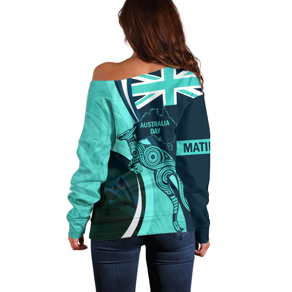 Matildas Soccer Off Shoulder Sweater 2024 Happy Australia Day Kangaroo Aussie Proud - Turquoise - Vibe Hoodie Shop