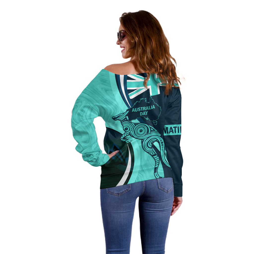 Matildas Soccer Off Shoulder Sweater 2024 Happy Australia Day Kangaroo Aussie Proud - Turquoise - Vibe Hoodie Shop