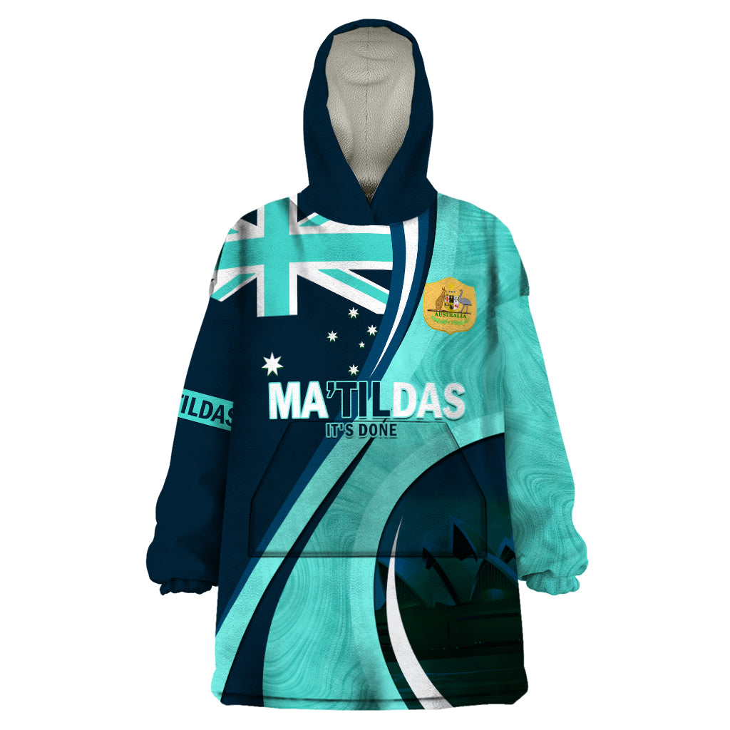 Matildas Soccer Wearable Blanket Hoodie 2024 Happy Australia Day Kangaroo Aussie Proud - Turquoise - Vibe Hoodie Shop