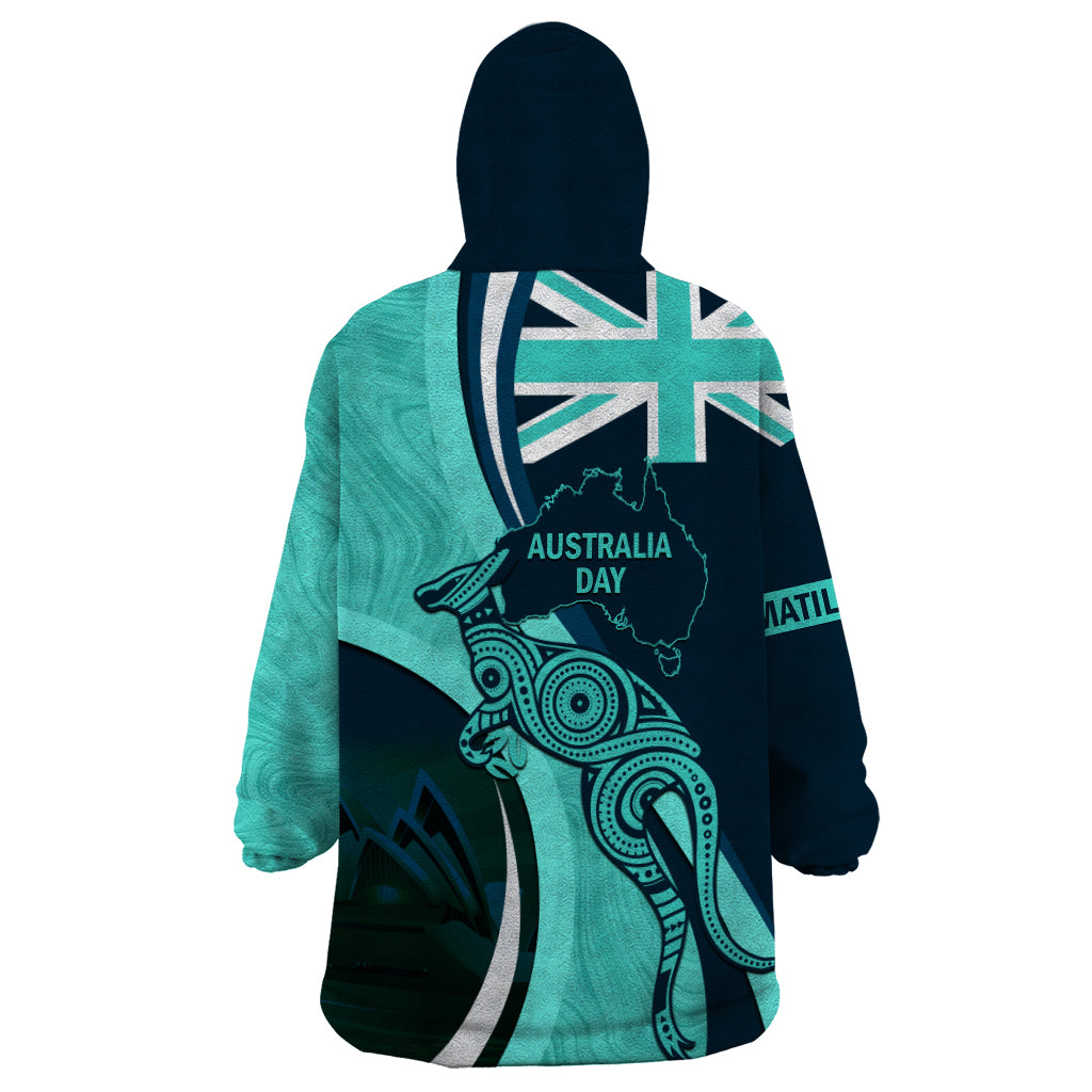 Matildas Soccer Wearable Blanket Hoodie 2024 Happy Australia Day Kangaroo Aussie Proud - Turquoise - Vibe Hoodie Shop