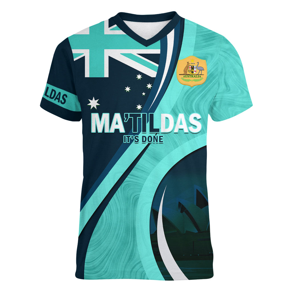 Matildas Soccer Women V Neck T Shirt 2024 Happy Australia Day Kangaroo Aussie Proud - Turquoise - Vibe Hoodie Shop