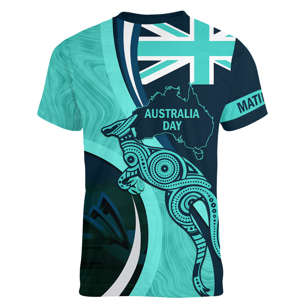 Matildas Soccer Women V Neck T Shirt 2024 Happy Australia Day Kangaroo Aussie Proud - Turquoise - Vibe Hoodie Shop