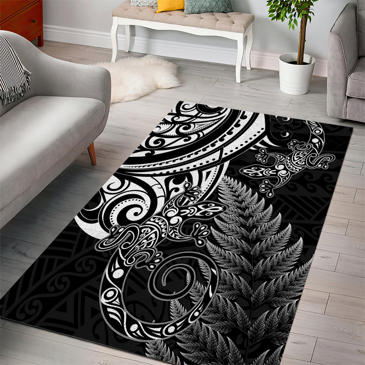 New Zealand Lizard Area Rug Silver Fern Aotearoa Maori - Vibe Hoodie Shop