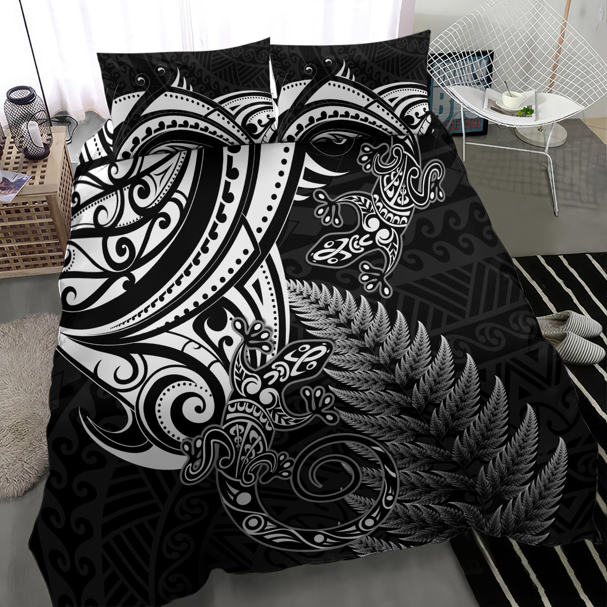 New Zealand Lizard Bedding Set Silver Fern Aotearoa Maori - Vibe Hoodie Shop