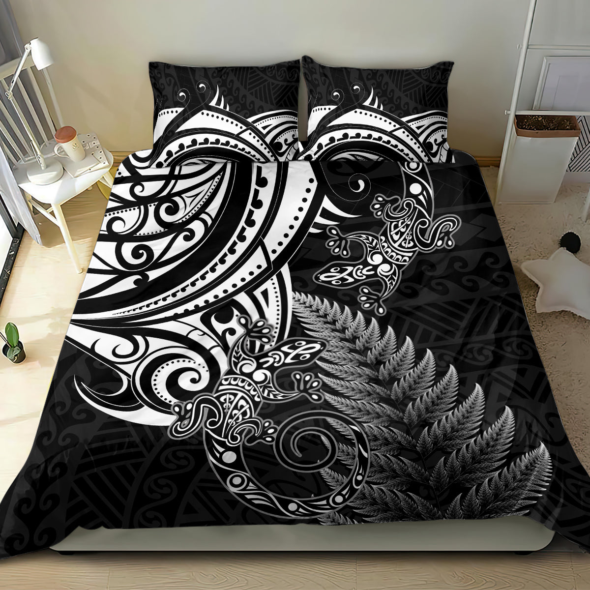 New Zealand Lizard Bedding Set Silver Fern Aotearoa Maori - Vibe Hoodie Shop