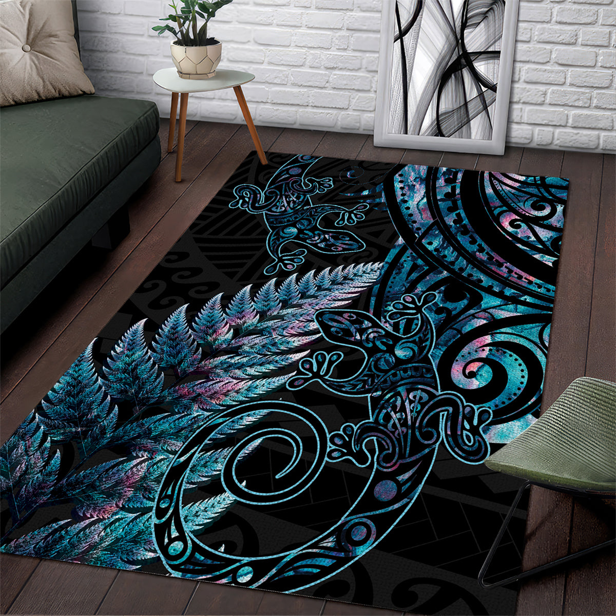 New Zealand Lizard Area Rug Silver Fern Aotearoa Maori With Paua Shell - Vibe Hoodie Shop