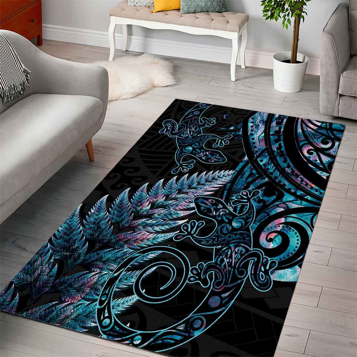 New Zealand Lizard Area Rug Silver Fern Aotearoa Maori With Paua Shell - Vibe Hoodie Shop