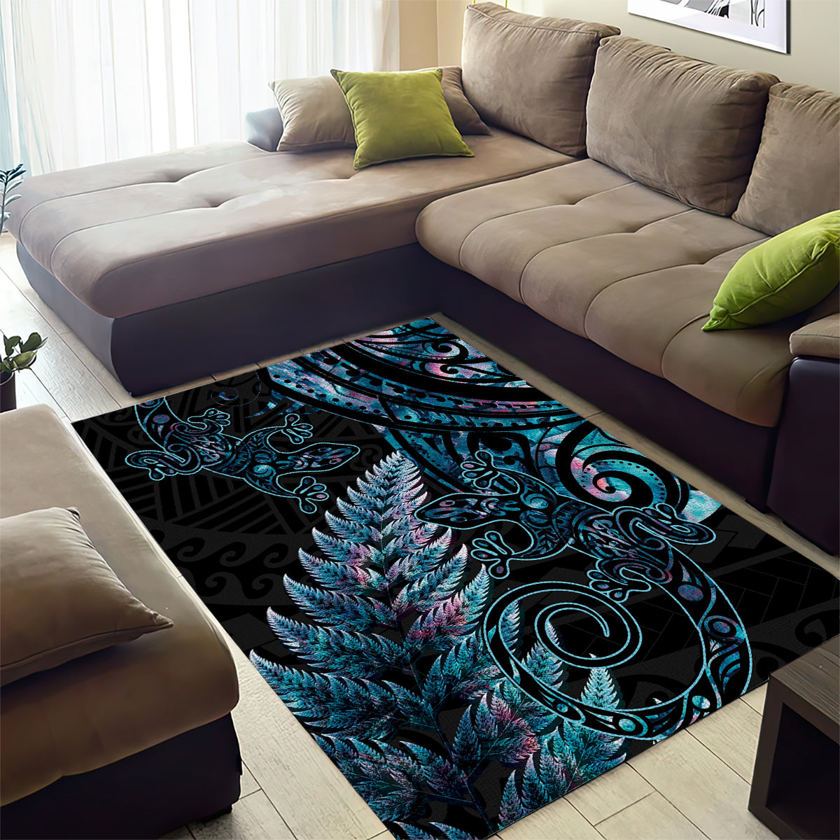 New Zealand Lizard Area Rug Silver Fern Aotearoa Maori With Paua Shell - Vibe Hoodie Shop