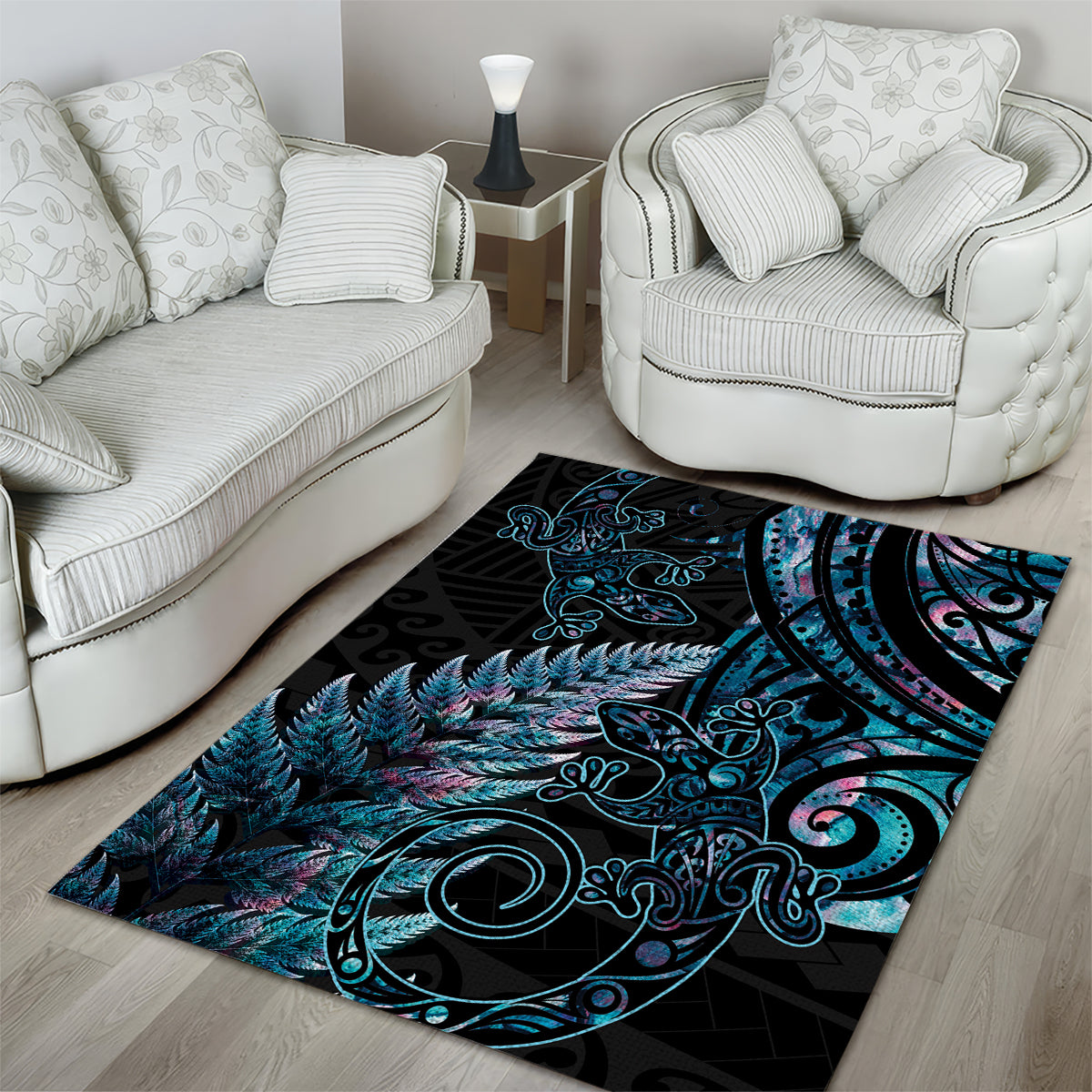 New Zealand Lizard Area Rug Silver Fern Aotearoa Maori With Paua Shell - Vibe Hoodie Shop