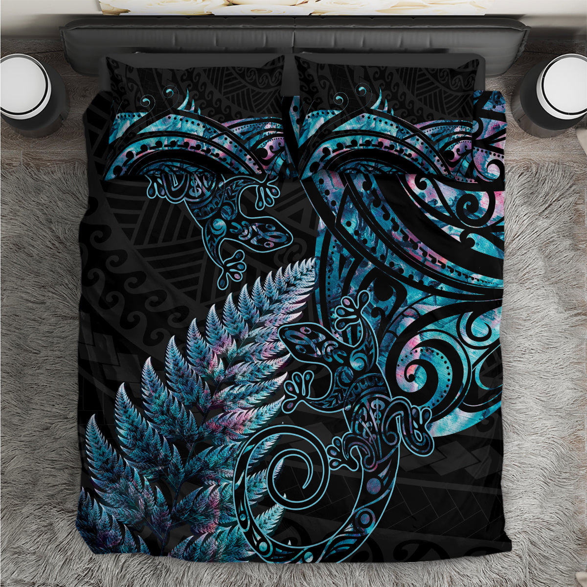 New Zealand Lizard Bedding Set Silver Fern Aotearoa Maori With Paua Shell - Vibe Hoodie Shop