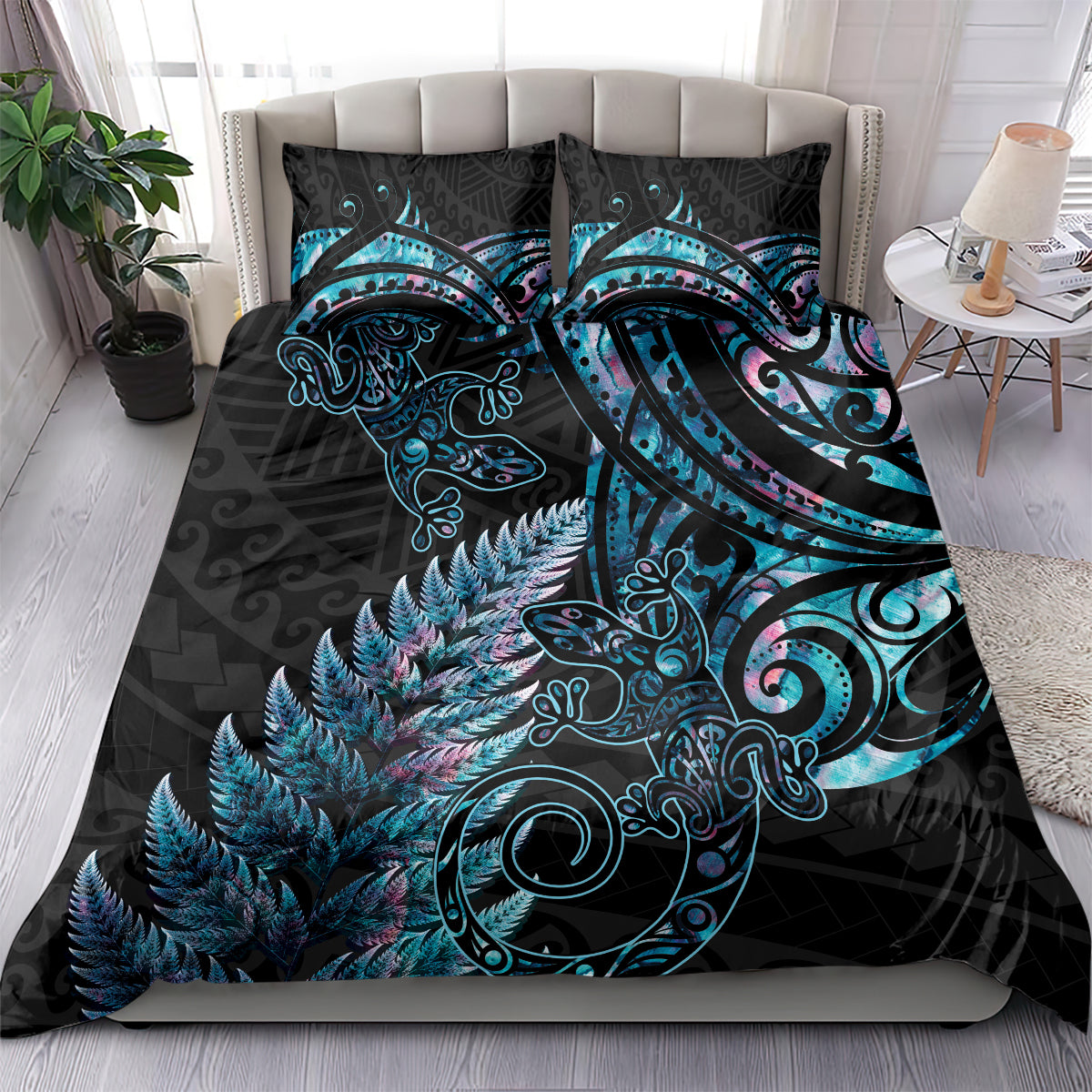 New Zealand Lizard Bedding Set Silver Fern Aotearoa Maori With Paua Shell - Vibe Hoodie Shop