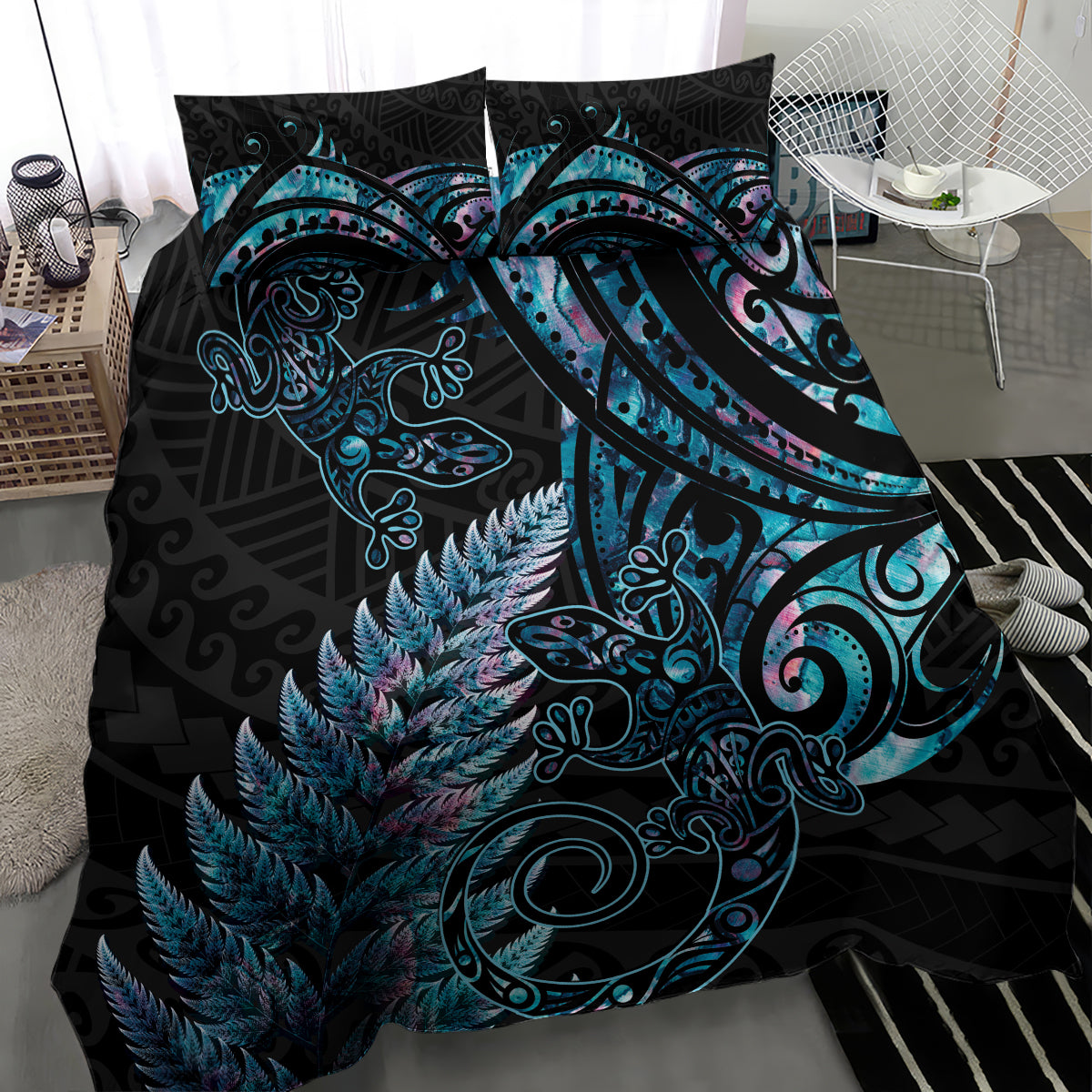 New Zealand Lizard Bedding Set Silver Fern Aotearoa Maori With Paua Shell - Vibe Hoodie Shop