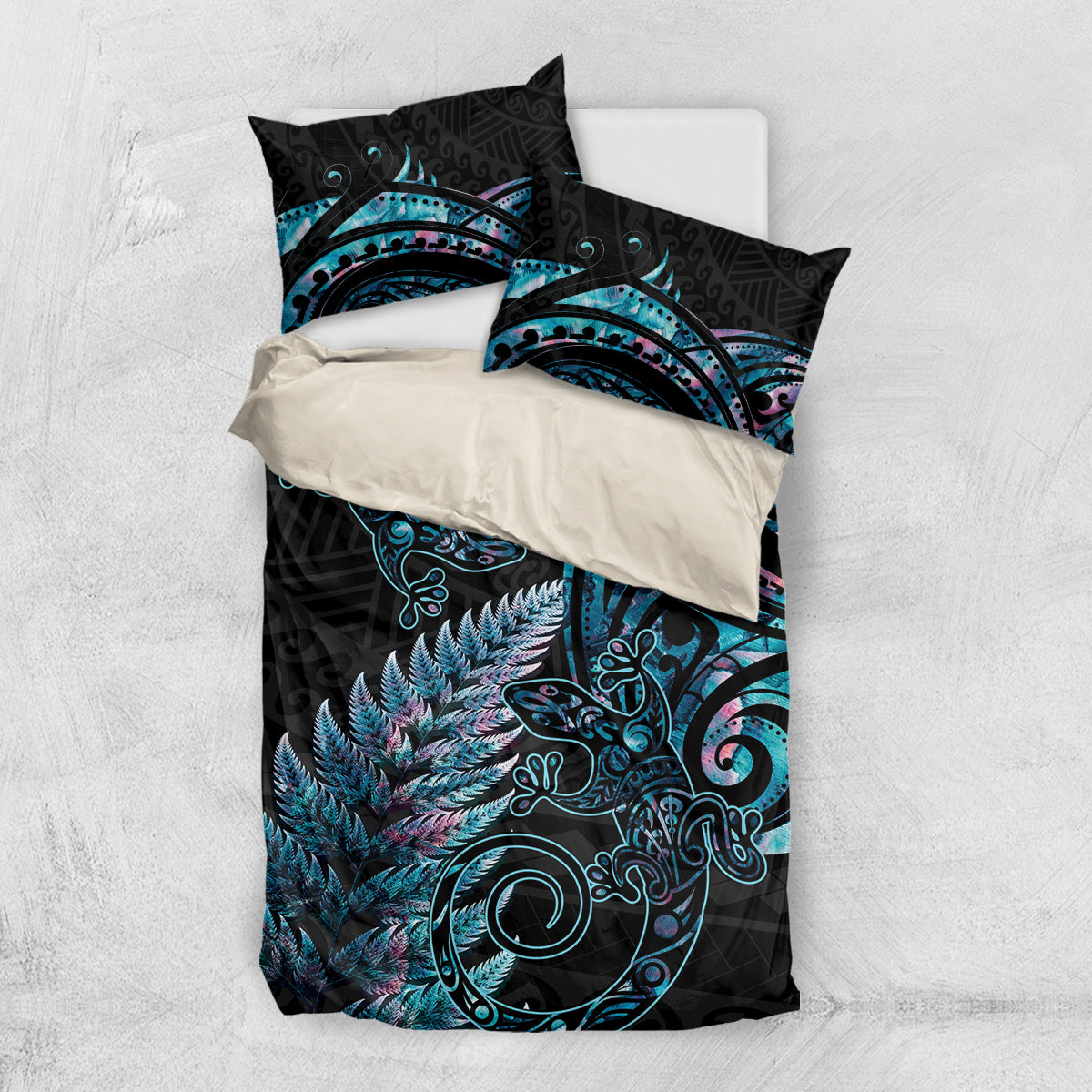 New Zealand Lizard Bedding Set Silver Fern Aotearoa Maori With Paua Shell - Vibe Hoodie Shop