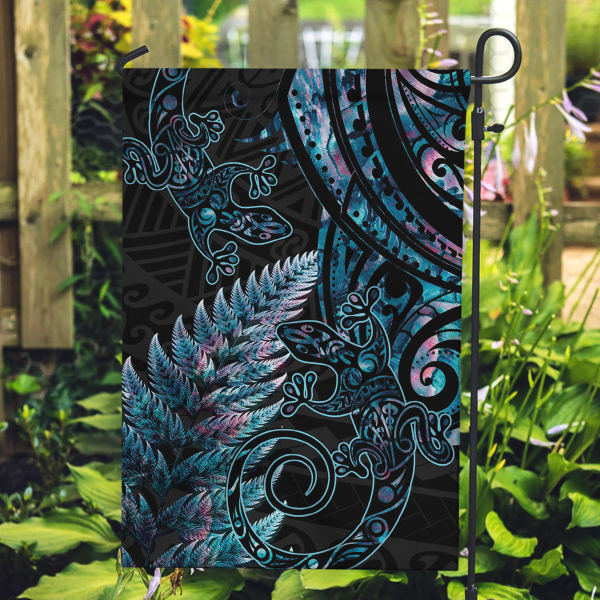 New Zealand Lizard Garden Flag Silver Fern Aotearoa Maori With Paua Shell - Vibe Hoodie Shop