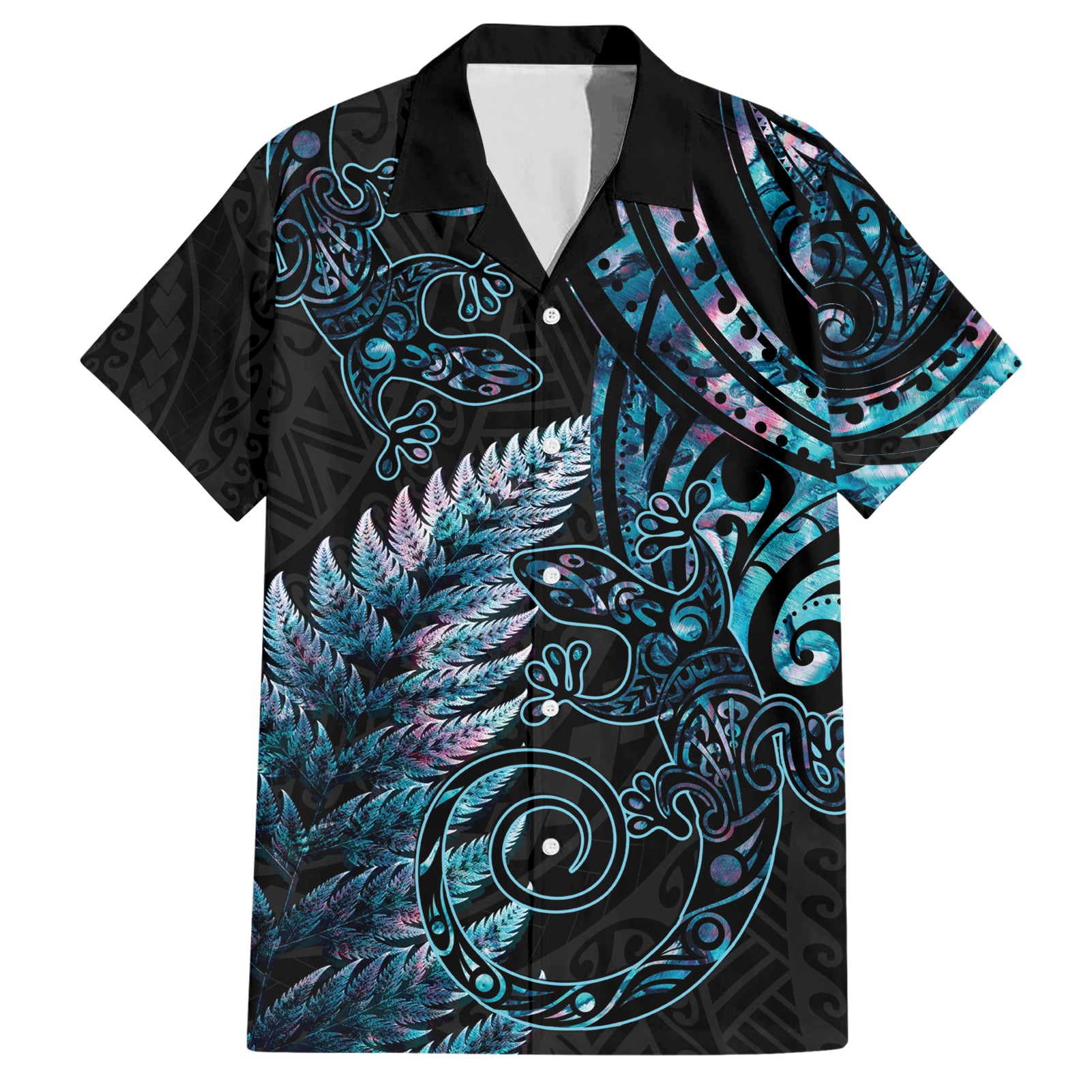 New Zealand Lizard Hawaiian Shirt Silver Fern Aotearoa Maori With Paua Shell - Vibe Hoodie Shop