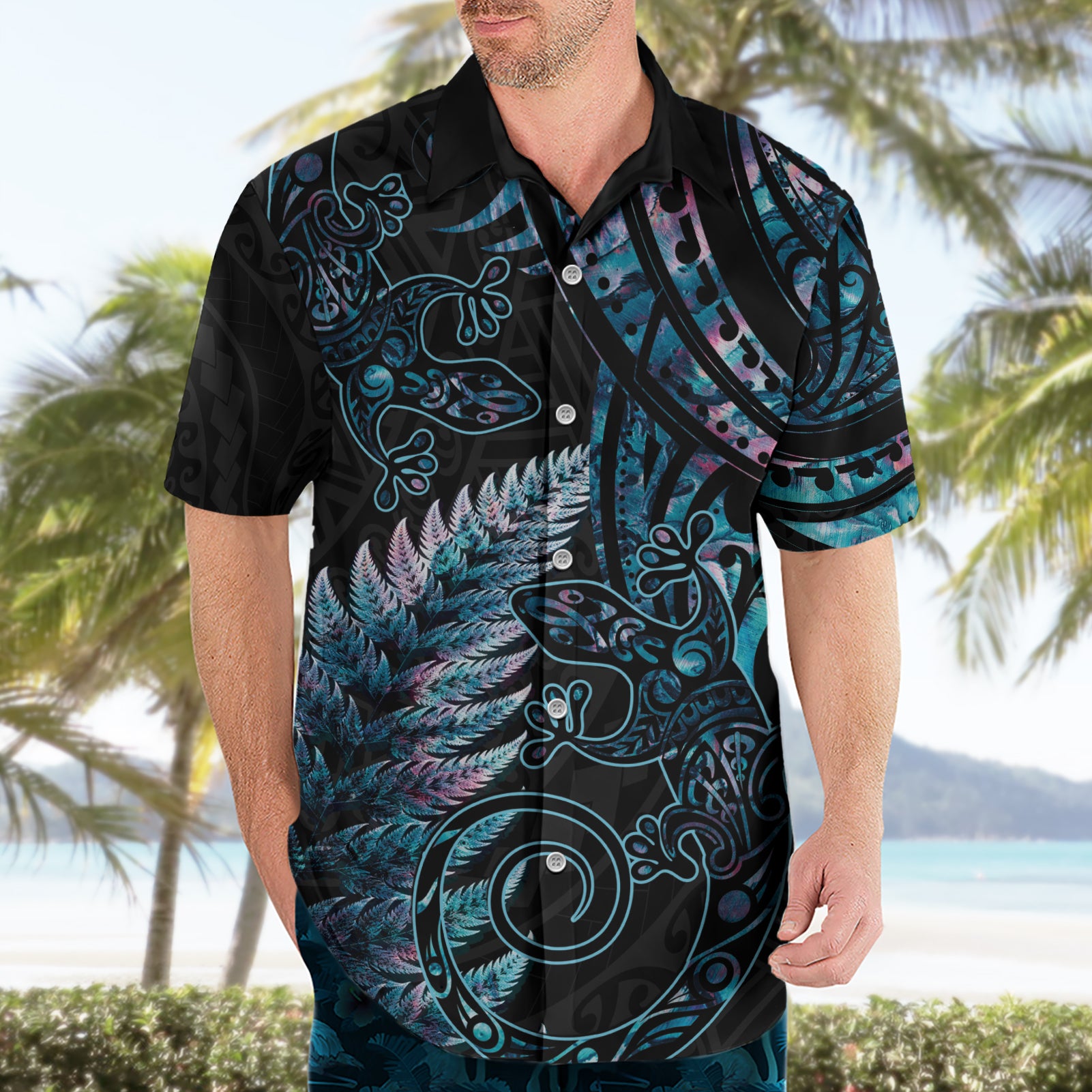 New Zealand Lizard Hawaiian Shirt Silver Fern Aotearoa Maori With Paua Shell - Vibe Hoodie Shop