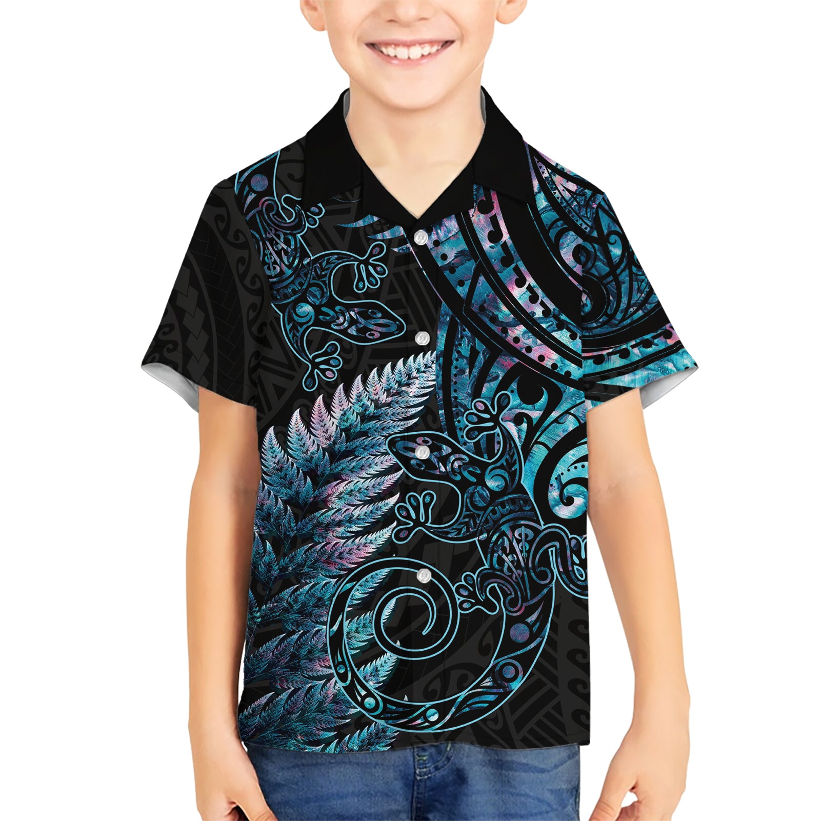 New Zealand Lizard Hawaiian Shirt Silver Fern Aotearoa Maori With Paua Shell - Vibe Hoodie Shop