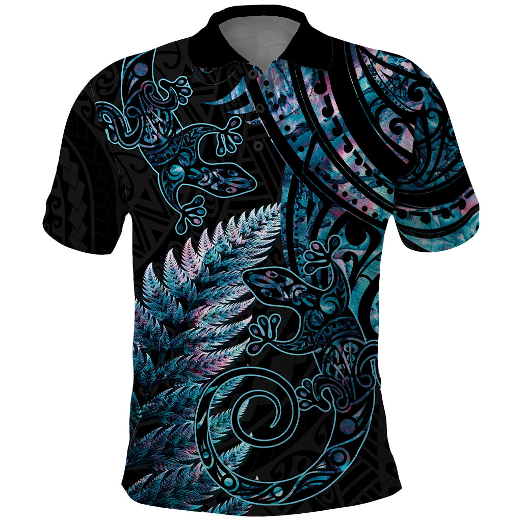 New Zealand Lizard Polo Shirt Silver Fern Aotearoa Maori With Paua Shell - Vibe Hoodie Shop