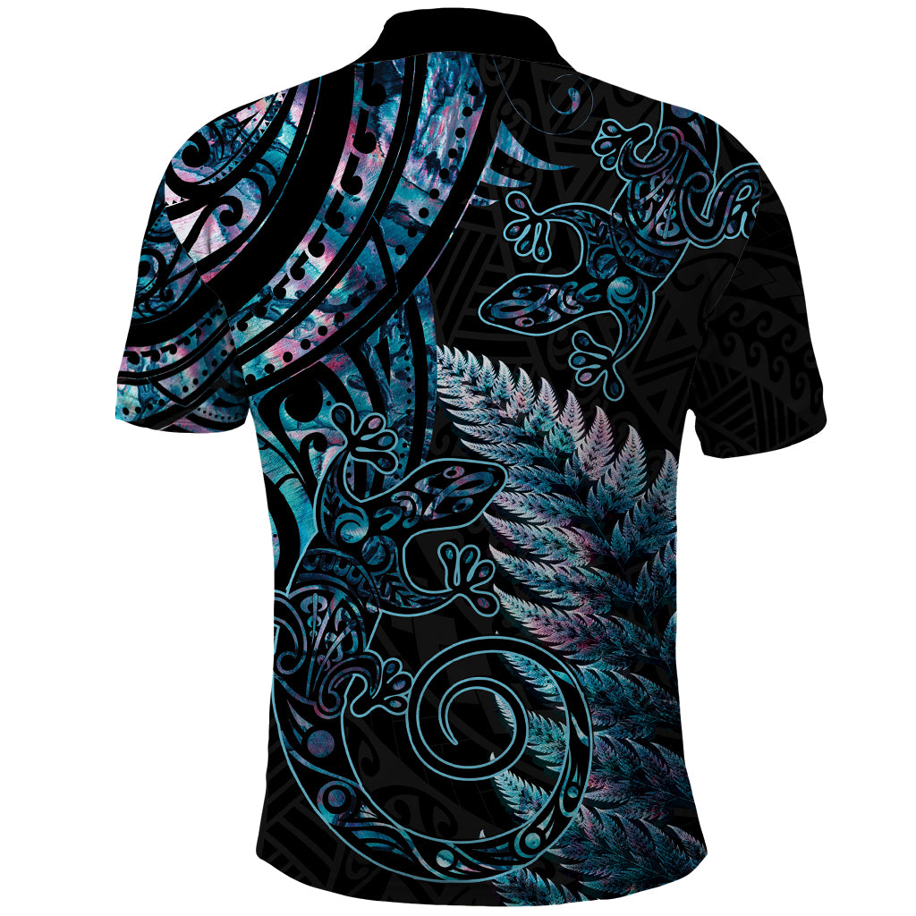 New Zealand Lizard Polo Shirt Silver Fern Aotearoa Maori With Paua Shell - Vibe Hoodie Shop