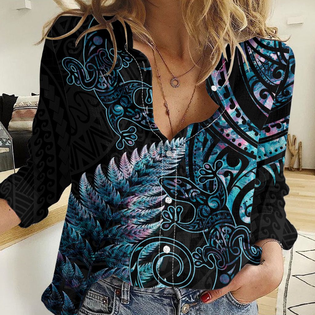 New Zealand Lizard Women Casual Shirt Silver Fern Aotearoa Maori With Paua Shell - Vibe Hoodie Shop