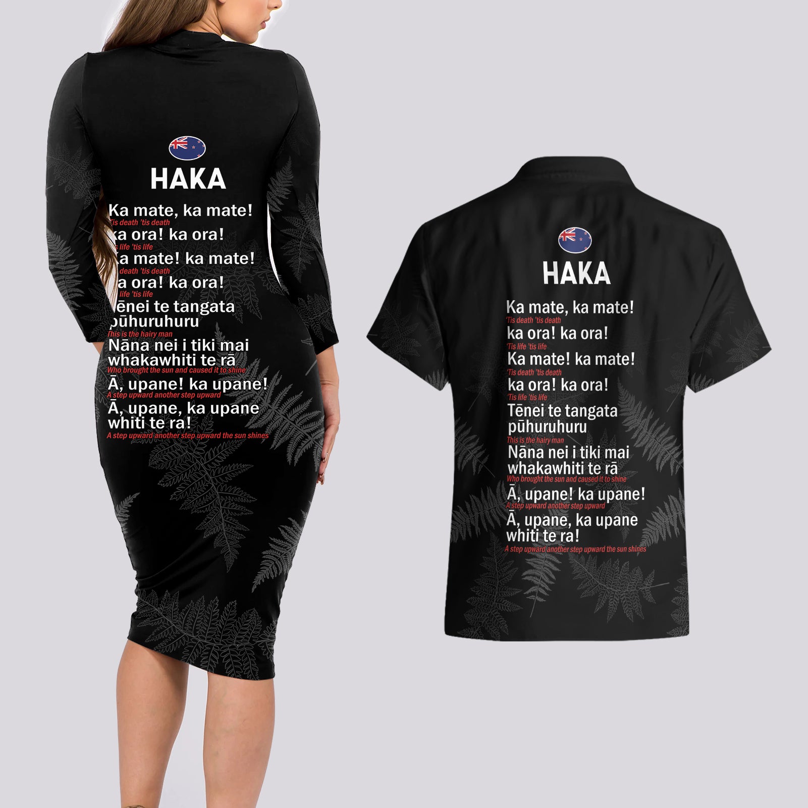 Custom New Zealand Haka Rugby Couples Matching Long Sleeve Bodycon Dress and Hawaiian Shirt 2024 Pacific Go Black Silver Fern