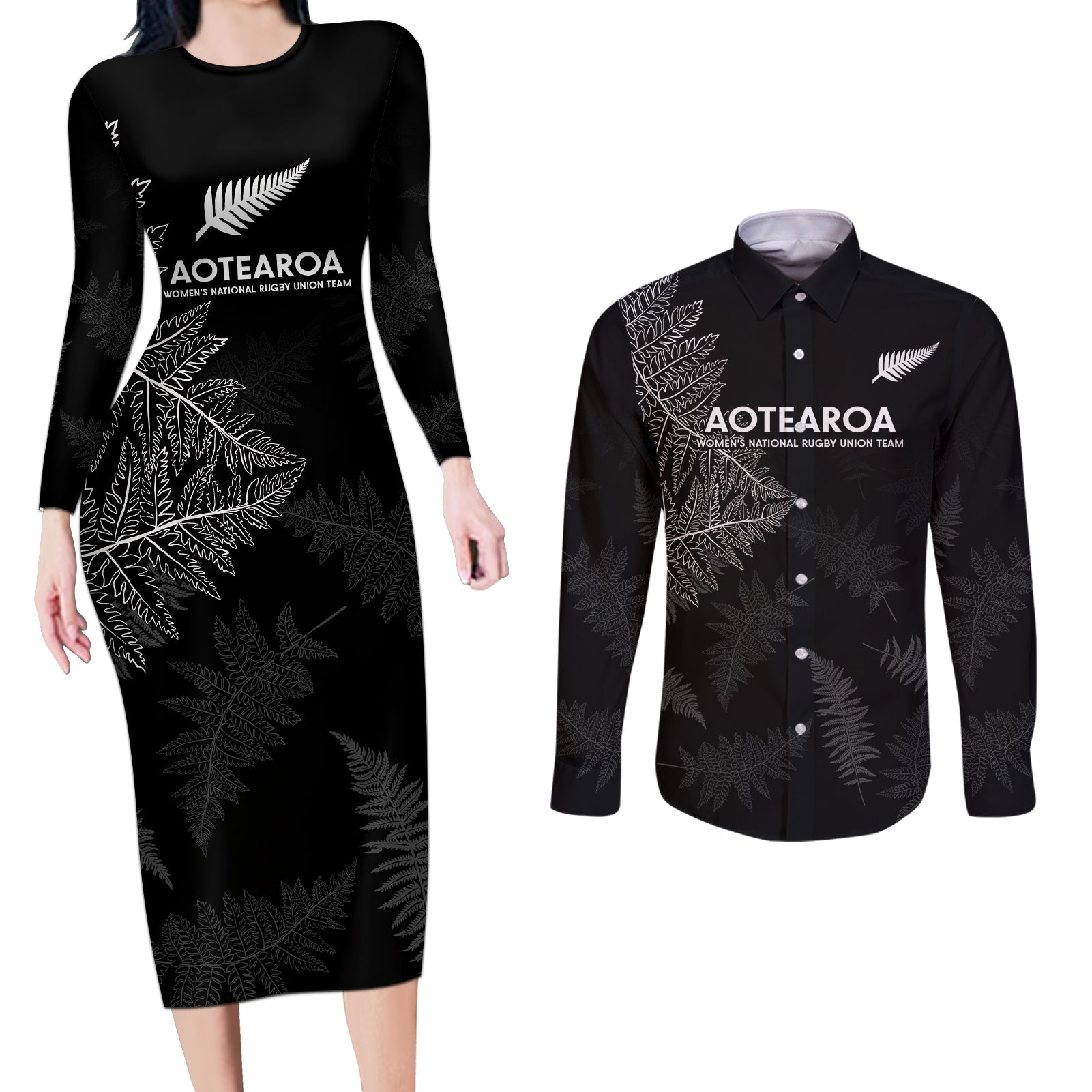 Custom New Zealand Haka Rugby Couples Matching Long Sleeve Bodycon Dress and Long Sleeve Button Shirt 2024 Pacific Go Black Silver Fern