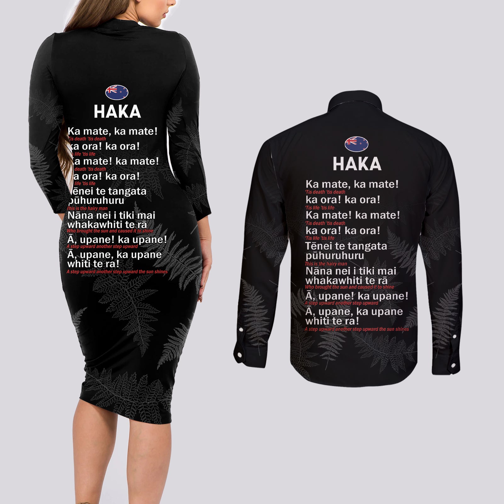 Custom New Zealand Haka Rugby Couples Matching Long Sleeve Bodycon Dress and Long Sleeve Button Shirt 2024 Pacific Go Black Silver Fern